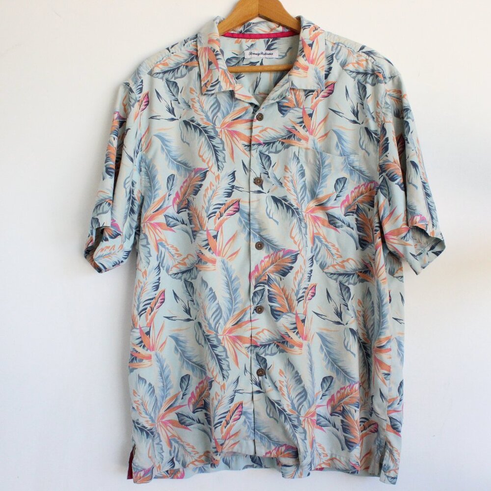 Tommy Bahama Shirt Men Blue Island Zone Silk Camp Floral Hawaiian Aloha XL